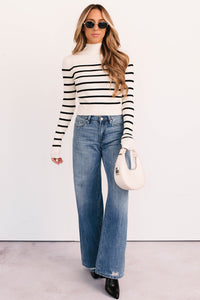 Blissful Rest Striped Mock Neck Sweater Top (Cream/Black) - NanaMacs