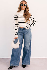 Blissful Rest Striped Mock Neck Sweater Top (Cream/Black) - NanaMacs