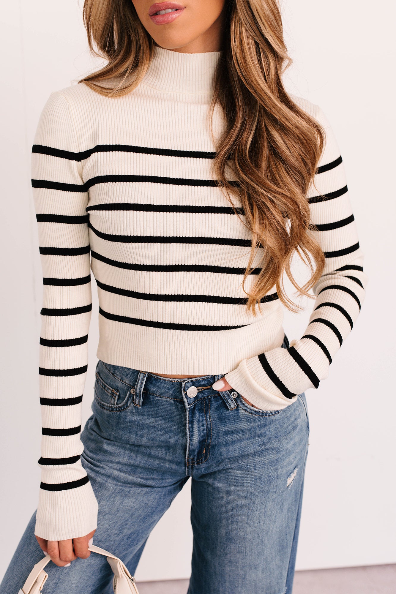 Blissful Rest Striped Mock Neck Sweater Top (Cream/Black) - NanaMacs
