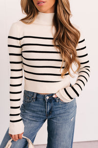 Blissful Rest Striped Mock Neck Sweater Top (Cream/Black) - NanaMacs