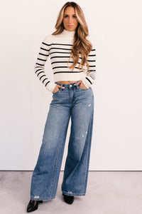 Blissful Rest Striped Mock Neck Sweater Top (Cream/Black) - NanaMacs