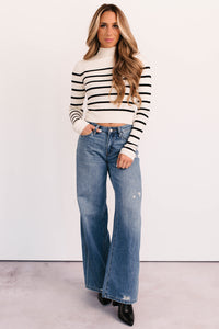 Blissful Rest Striped Mock Neck Sweater Top (Cream/Black) - NanaMacs