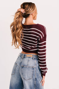 Relax & Flow Striped V Neck Cardigan Top (Dark Cherry/White) - NanaMacs