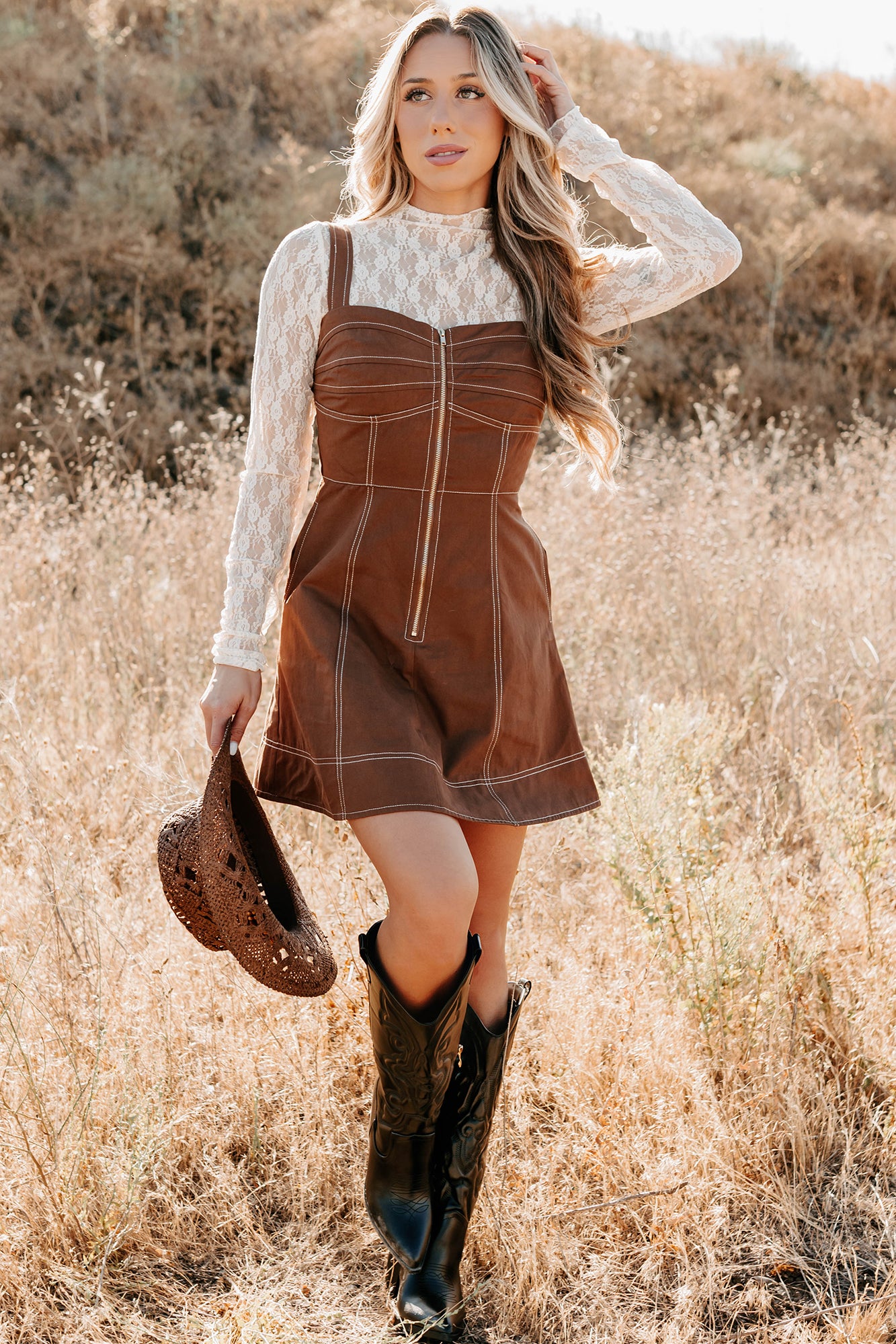 Soulful Gazes Sleeveless Denim Mini Dress (Mocha) - NanaMacs