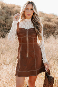 Soulful Gazes Sleeveless Denim Mini Dress (Mocha) - NanaMacs