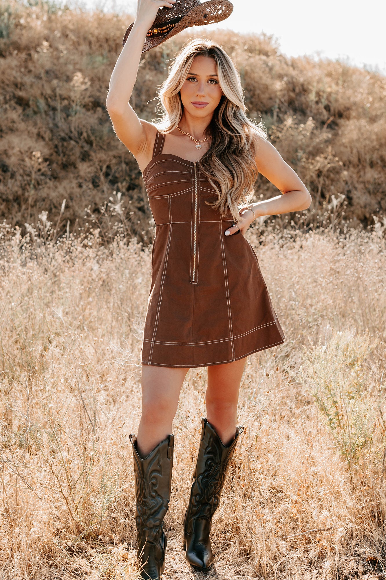 Soulful Gazes Sleeveless Denim Mini Dress (Mocha) - NanaMacs