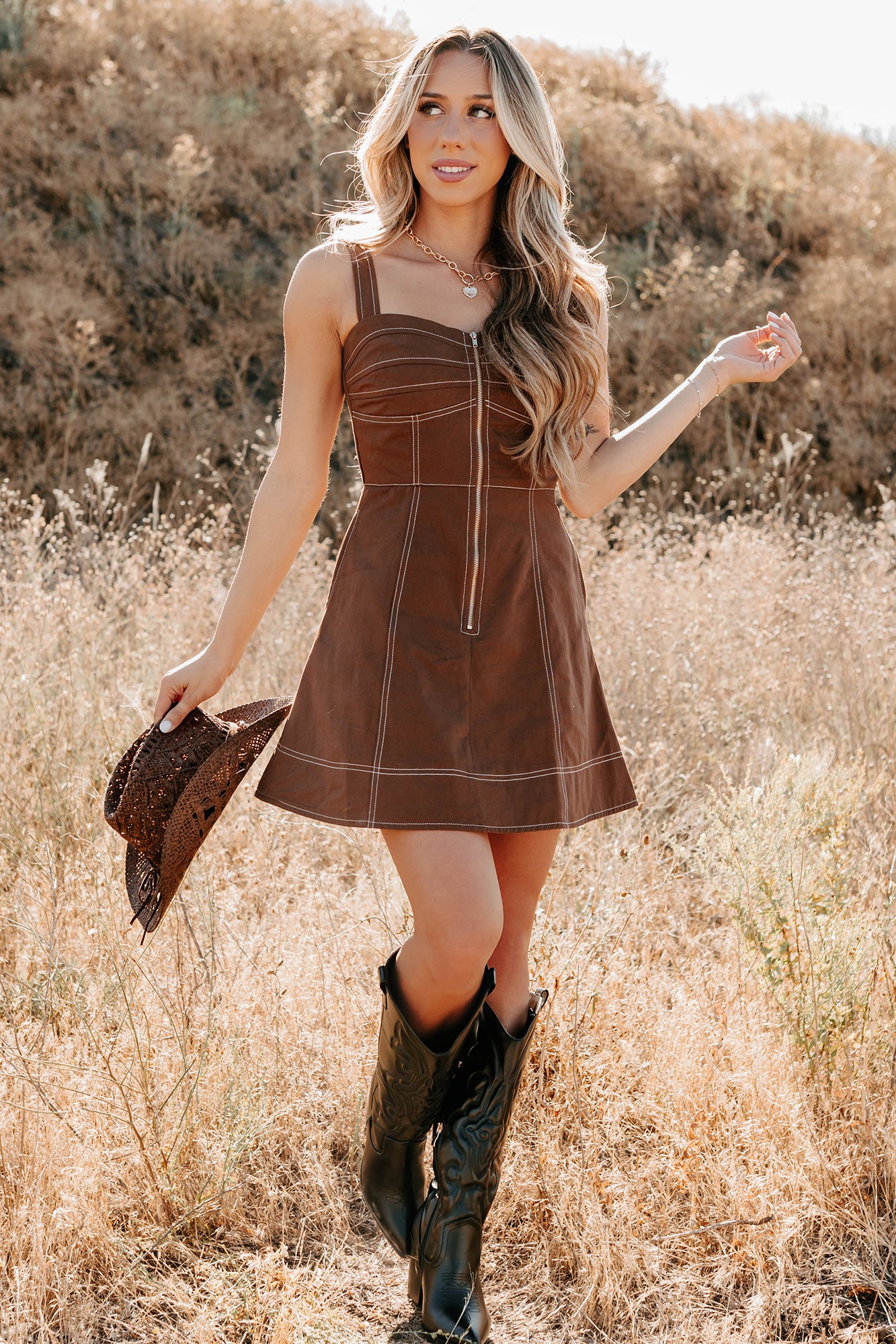 Soulful Gazes Sleeveless Denim Mini Dress (Mocha) - NanaMacs