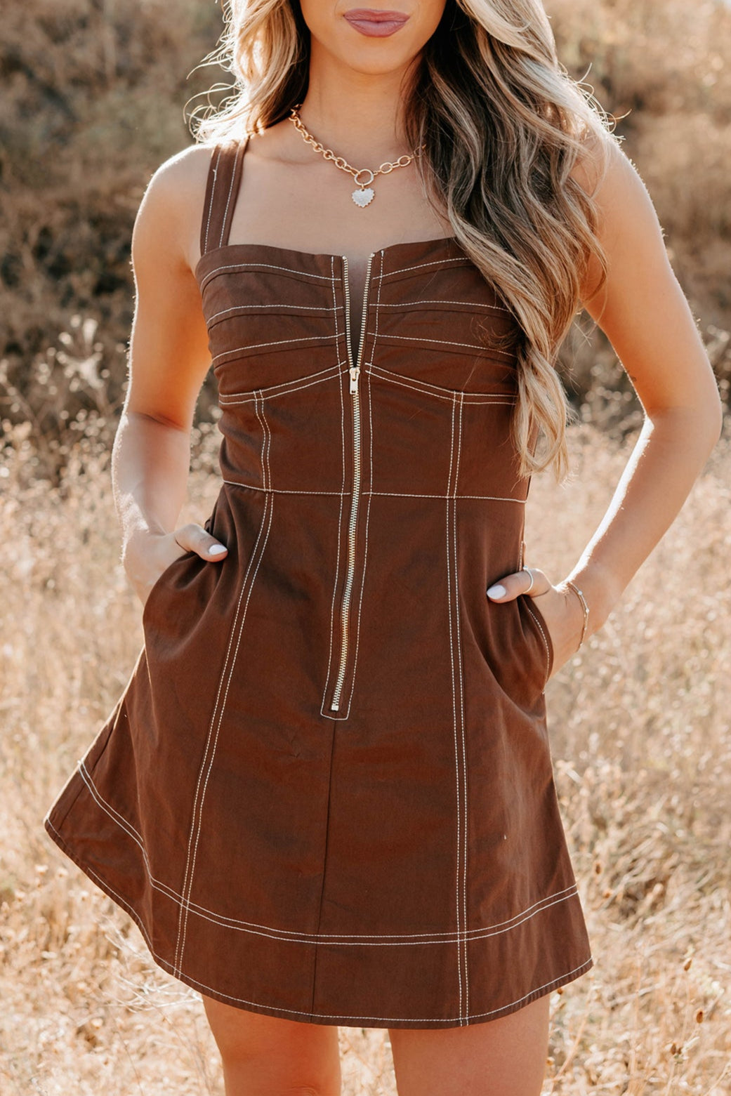 Soulful Gazes Sleeveless Denim Mini Dress (Mocha) - NanaMacs