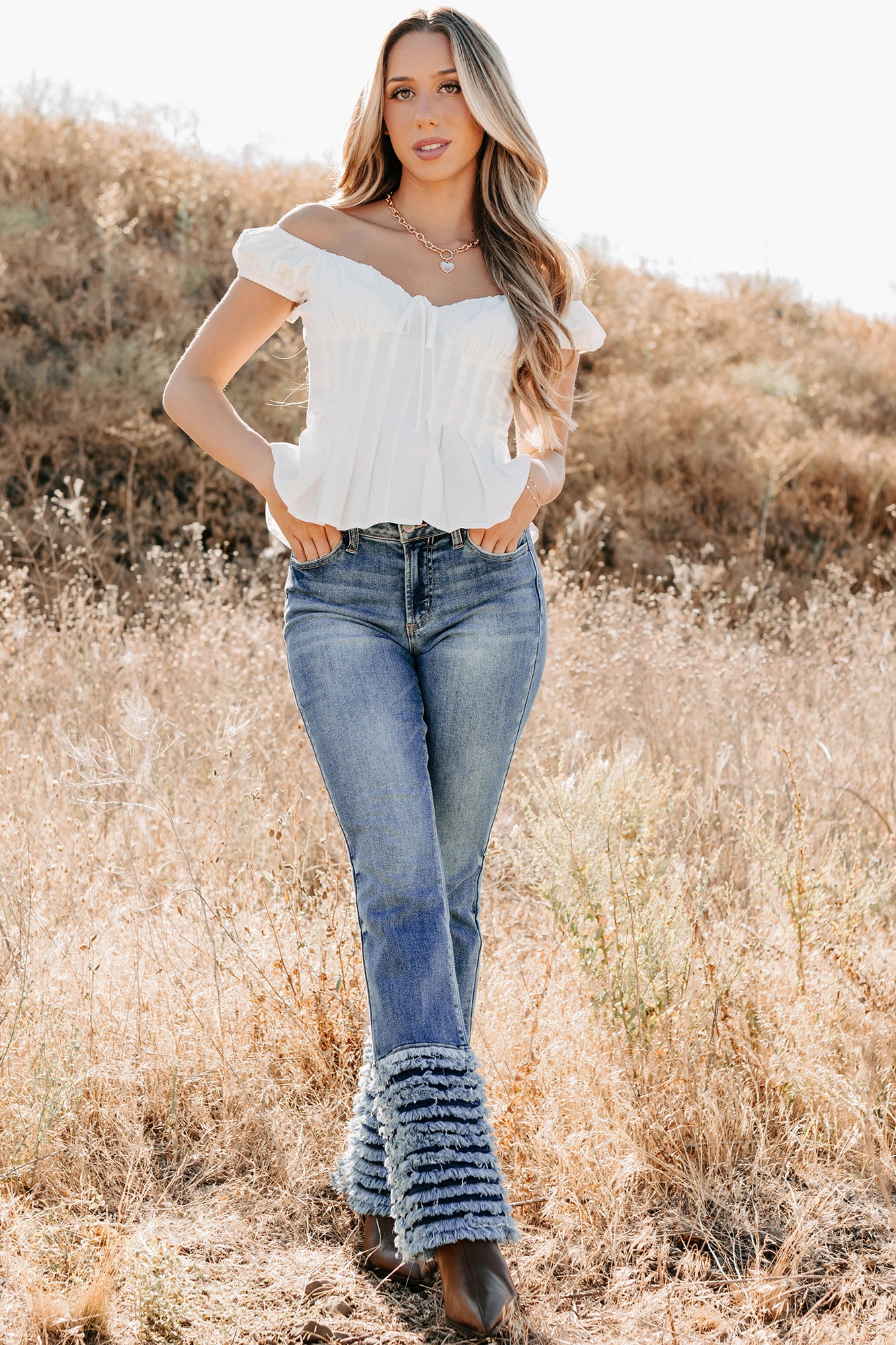 Vera Mid Rise Frayed Hem Cello Flare Jeans (Medium) · NanaMacs