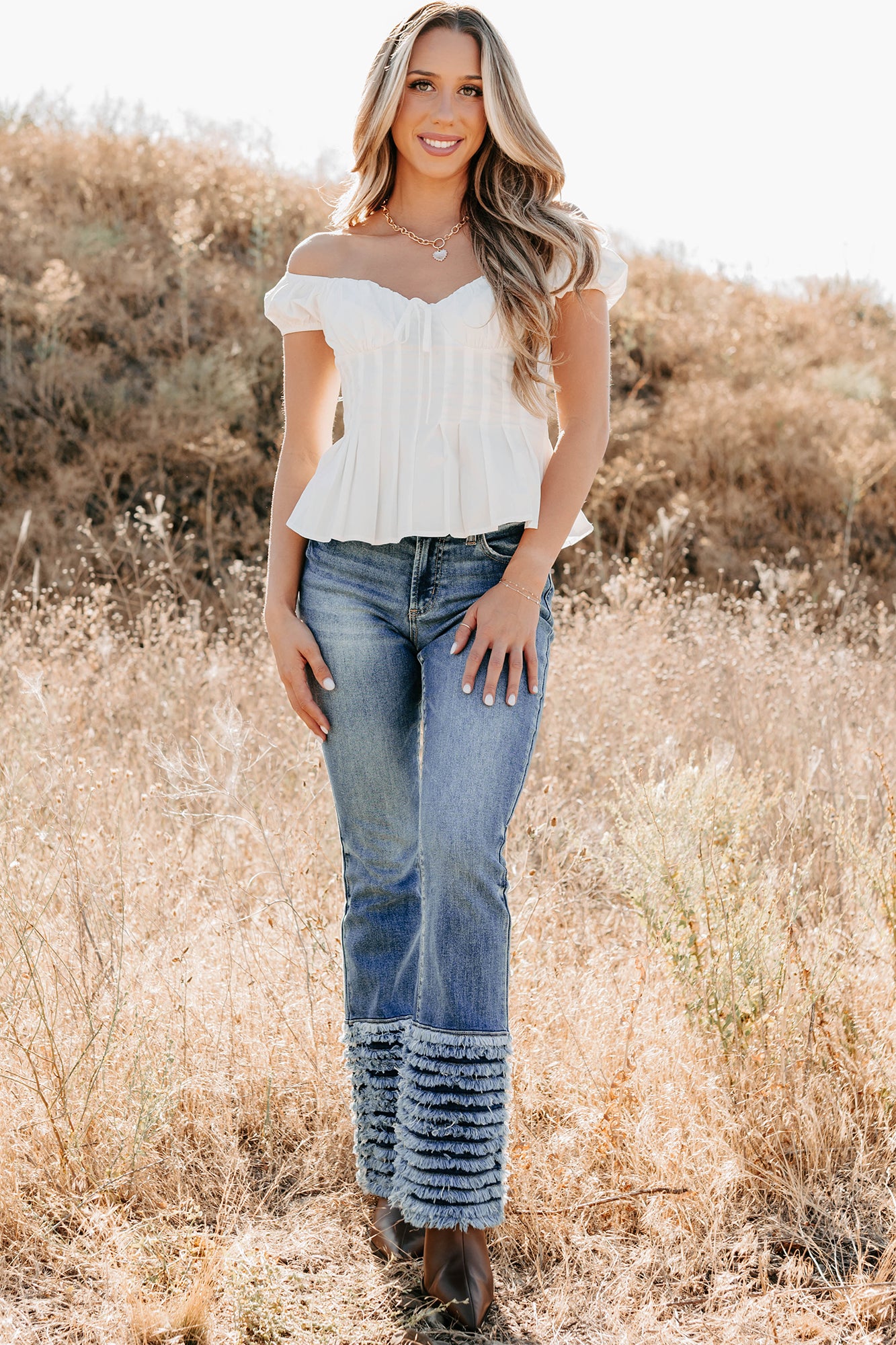 Stroll Through The Meadow Pleated Cap Sleeve Top (Off White) - NanaMacs