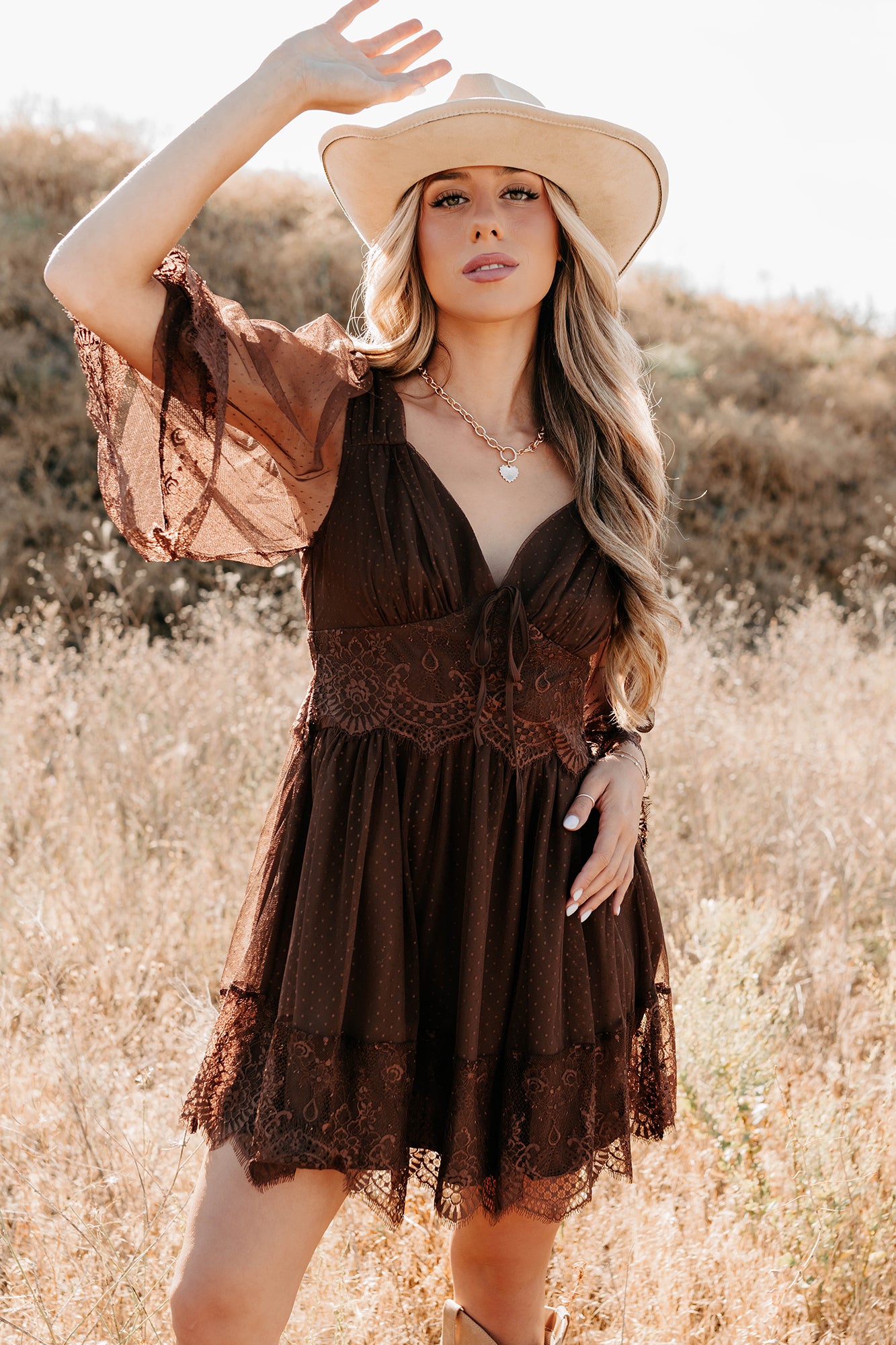 Ethereal Aura Dotted Mesh Mini Dress (Chocolate) - NanaMacs