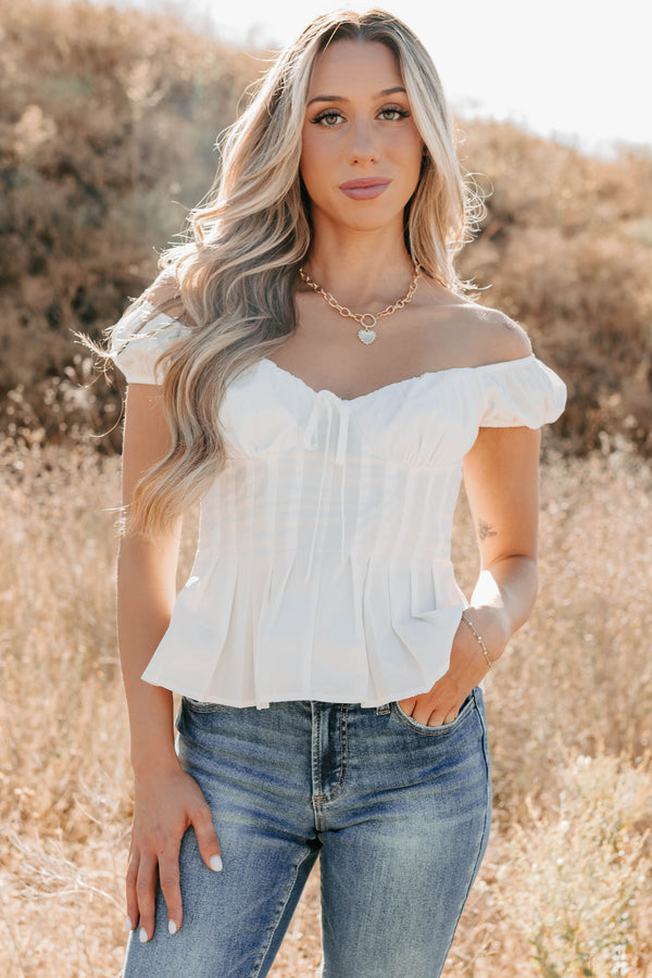 Stroll Through The Meadow Pleated Cap Sleeve Top (Off White) - NanaMacs