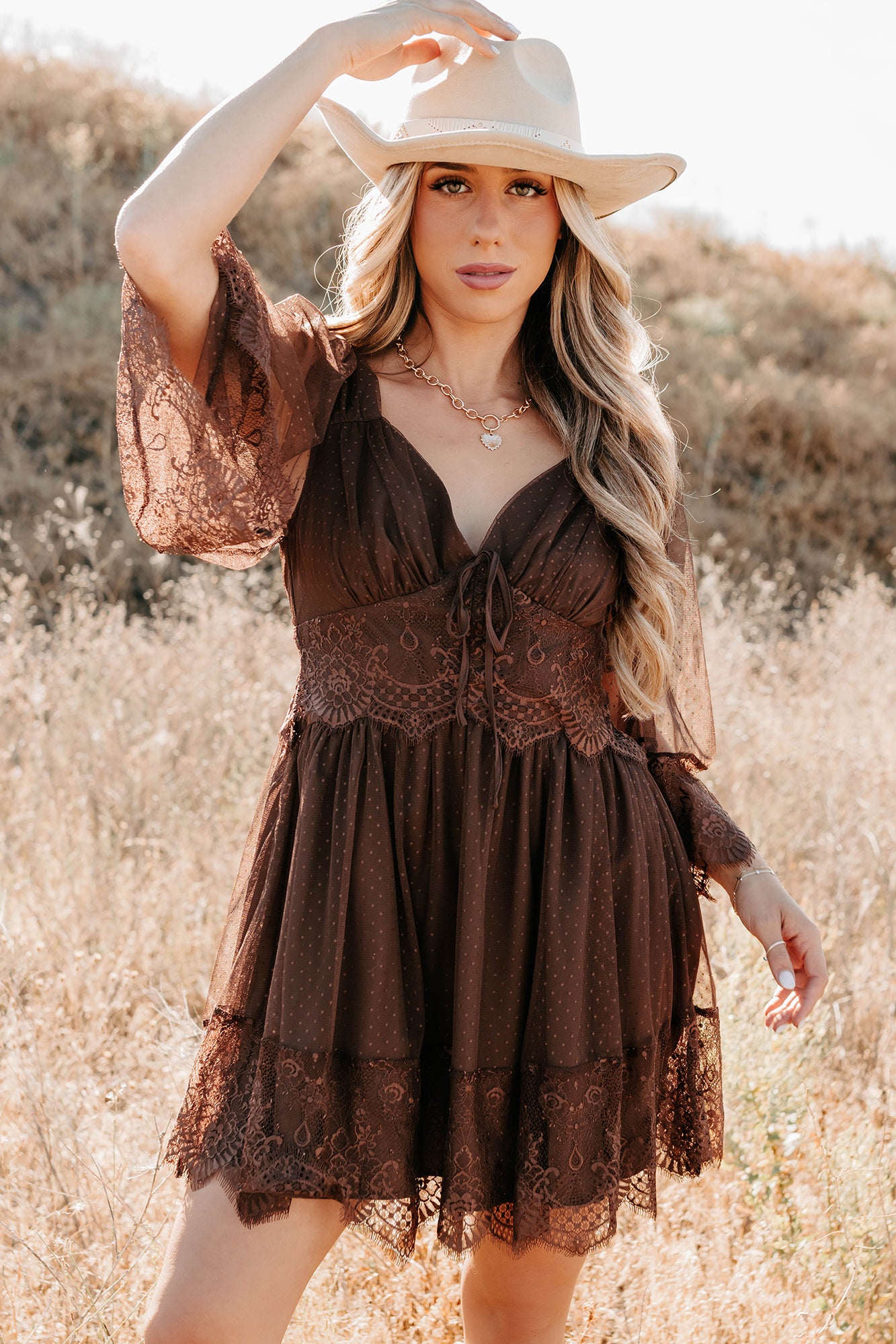 Ethereal Aura Dotted Mesh Mini Dress (Chocolate) - NanaMacs