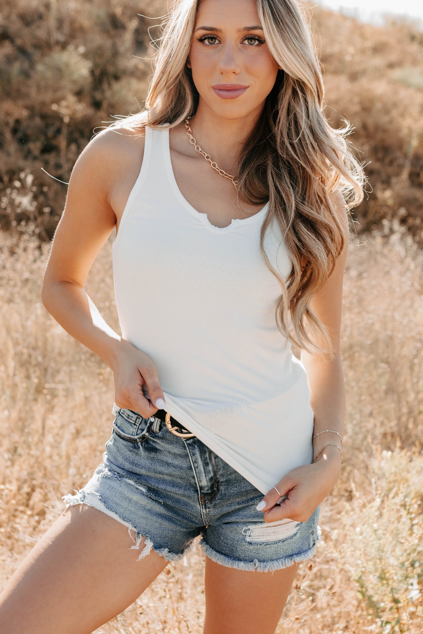 Daily Icon Notched Signature 8 Rib Knit Tank (Off White) - NanaMacs