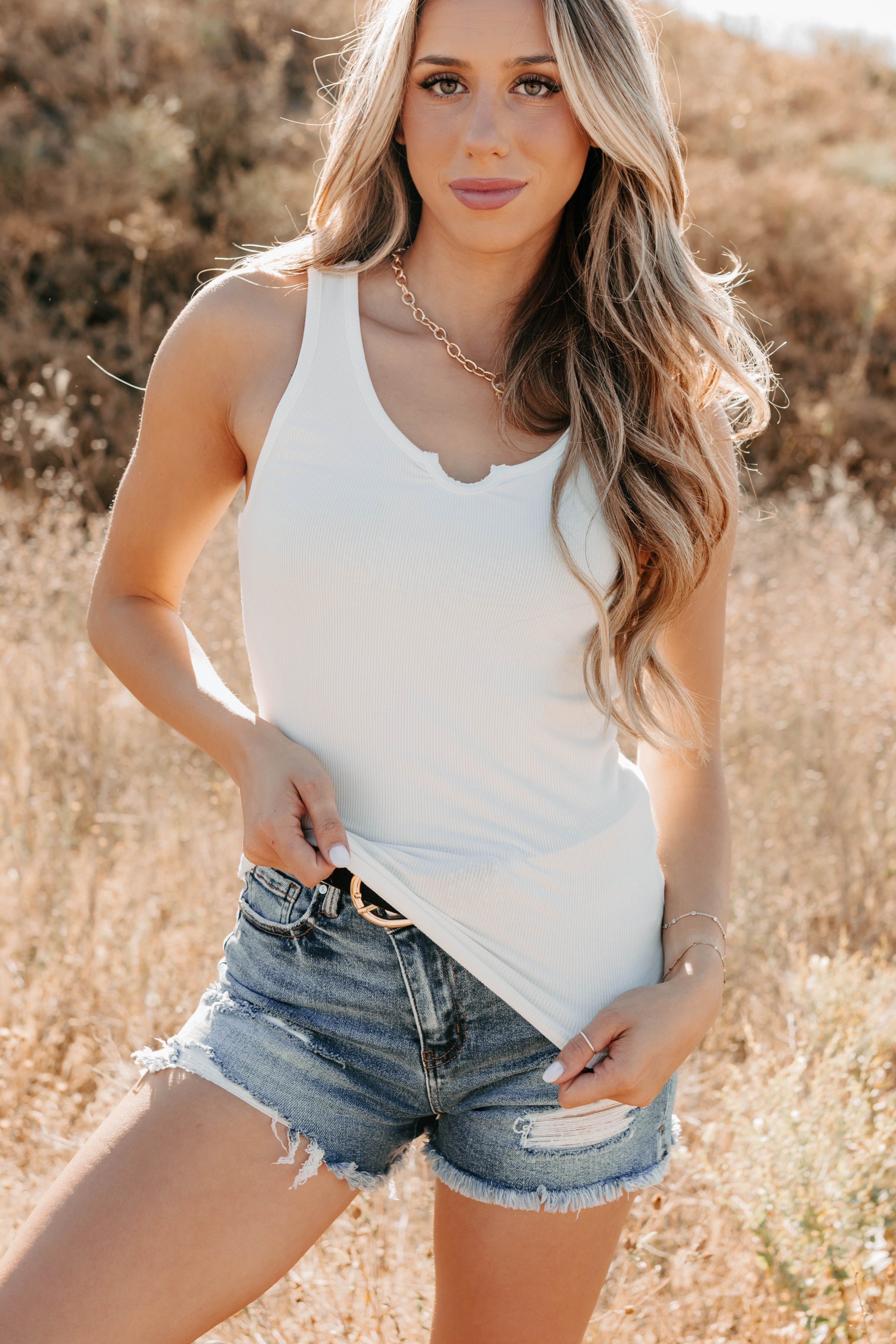 Daily Icon Notched Signature 8 Rib Knit Tank (Off White) - NanaMacs