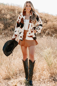 Cozying Up Cow Print Zip-Up Jacket (Brown/Multi) - NanaMacs