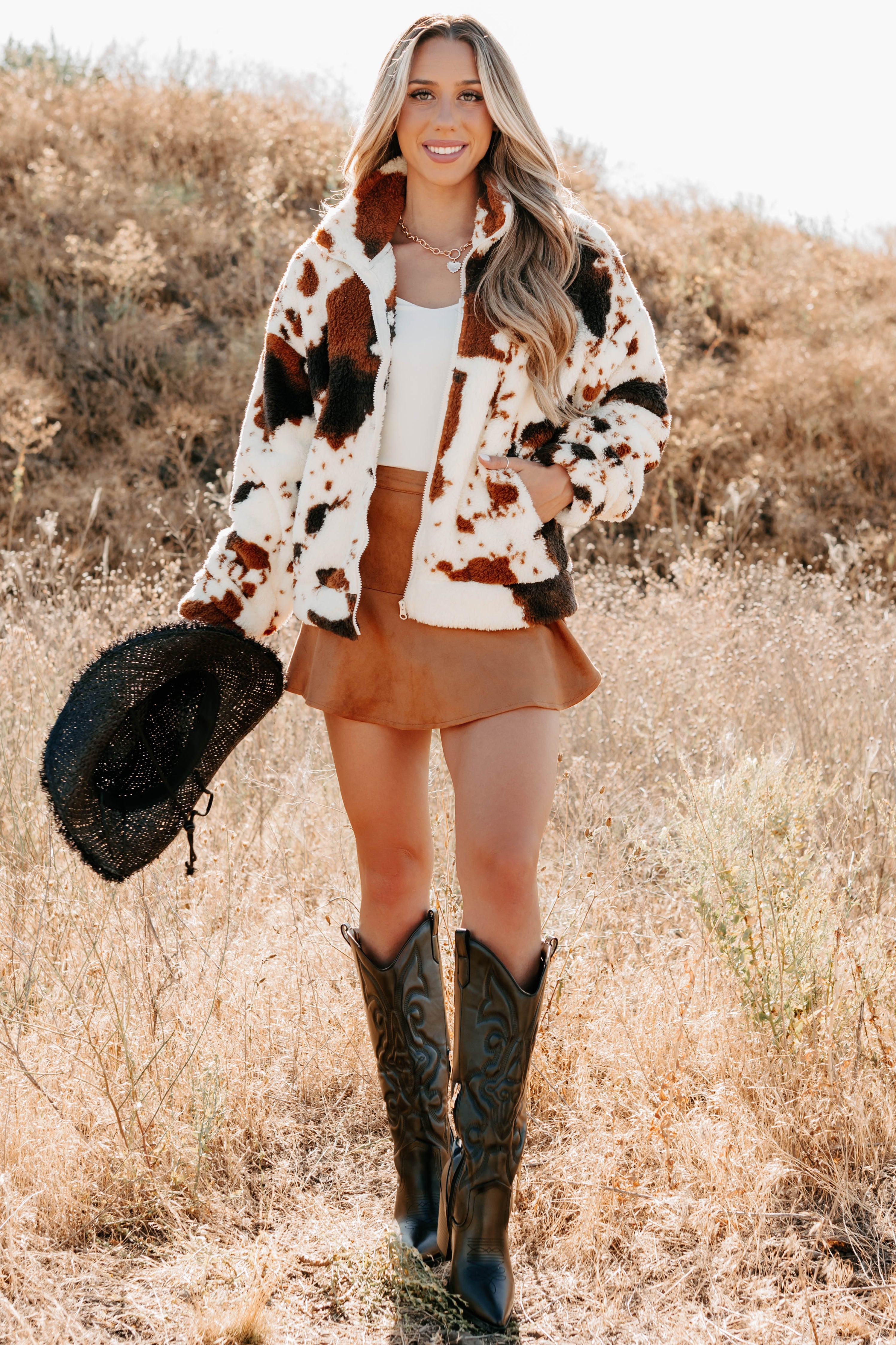 Cozying Up Cow Print Zip-Up Jacket (Brown/Multi) - NanaMacs