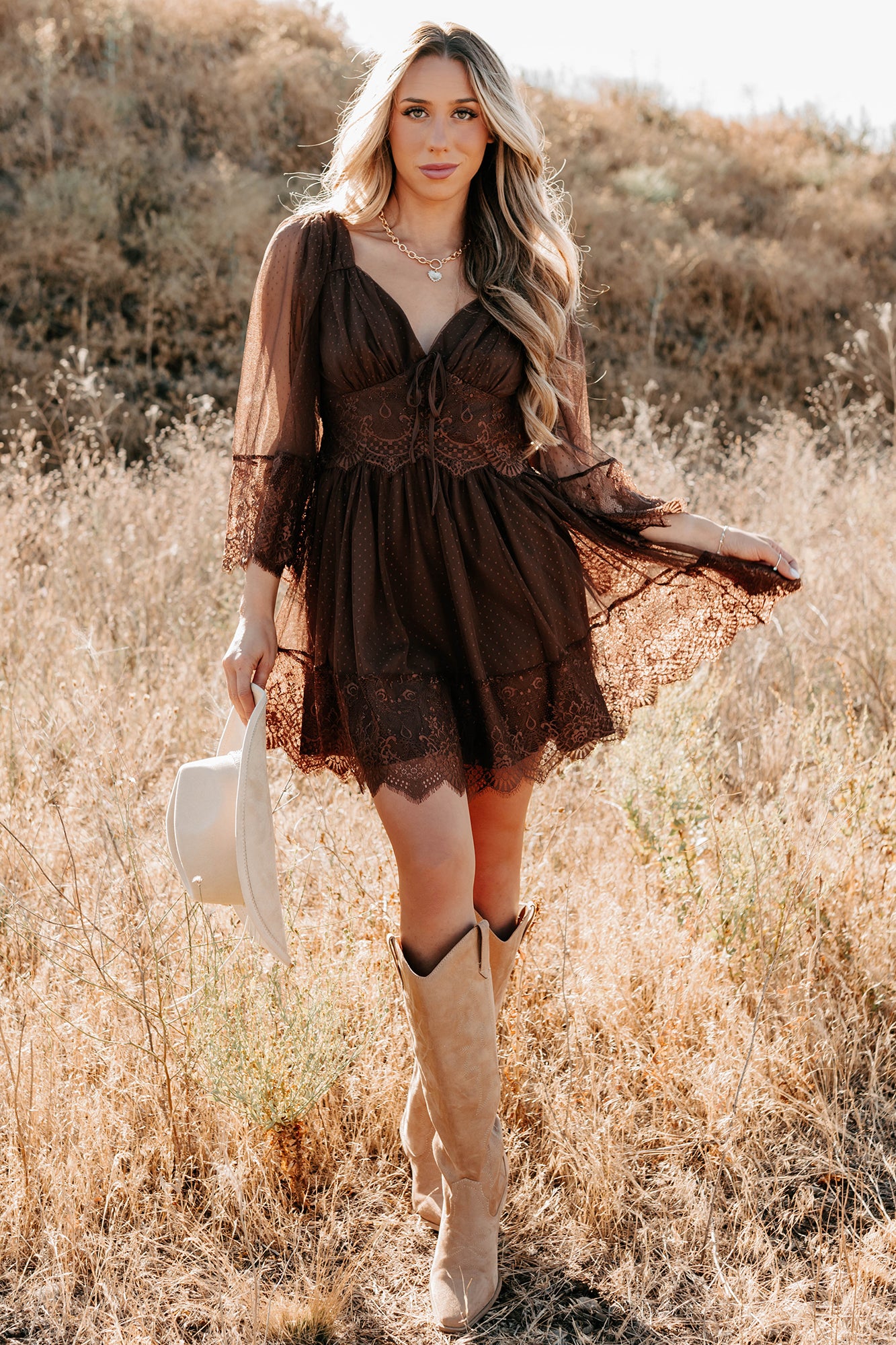 Ethereal Aura Dotted Mesh Mini Dress (Chocolate) - NanaMacs