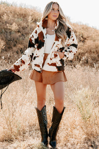 Cozying Up Cow Print Zip-Up Jacket (Brown/Multi) - NanaMacs