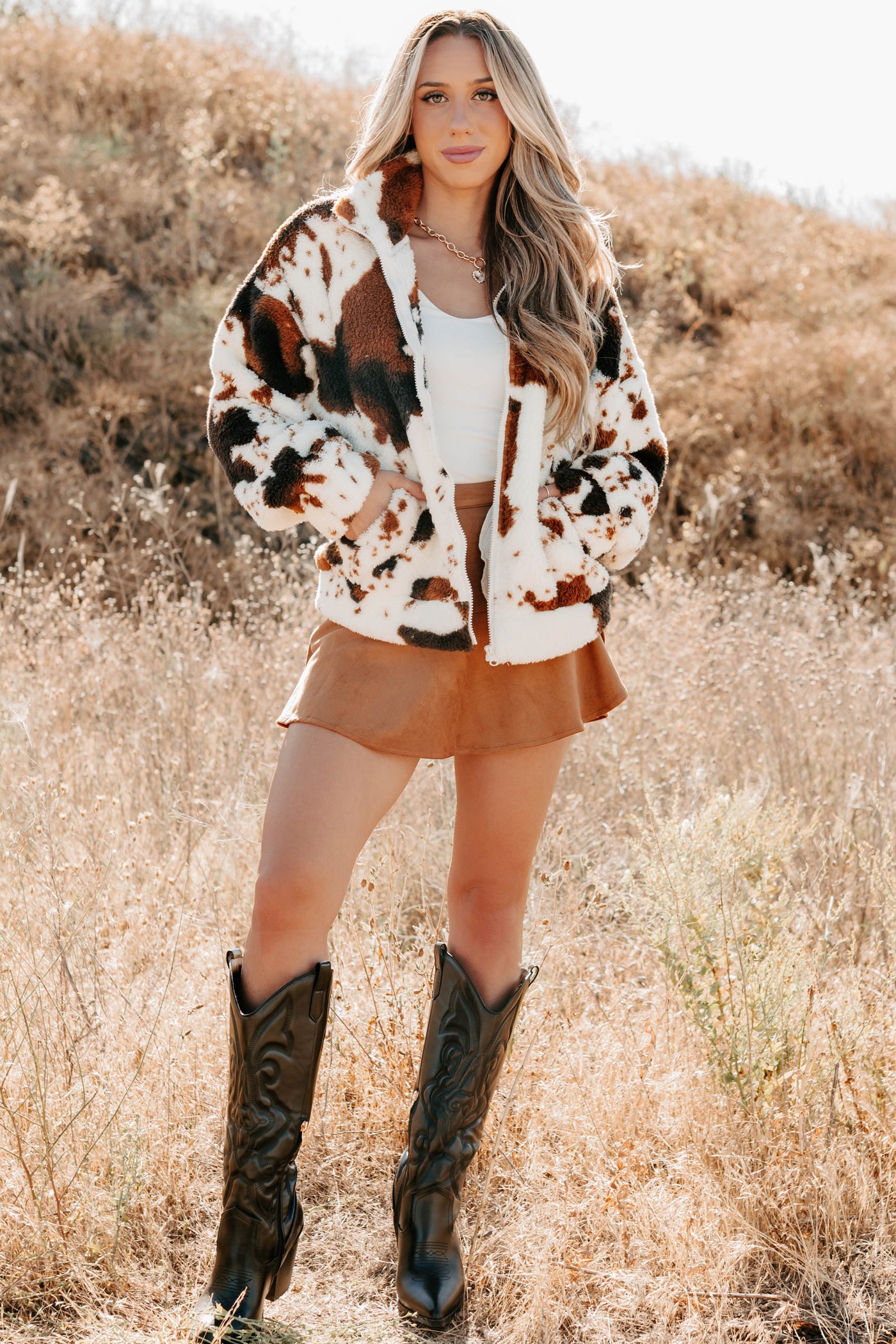 Cozying Up Cow Print Zip-Up Jacket (Brown/Multi) - NanaMacs