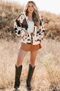 Cozying Up Cow Print Zip-Up Jacket (Brown/Multi) - NanaMacs