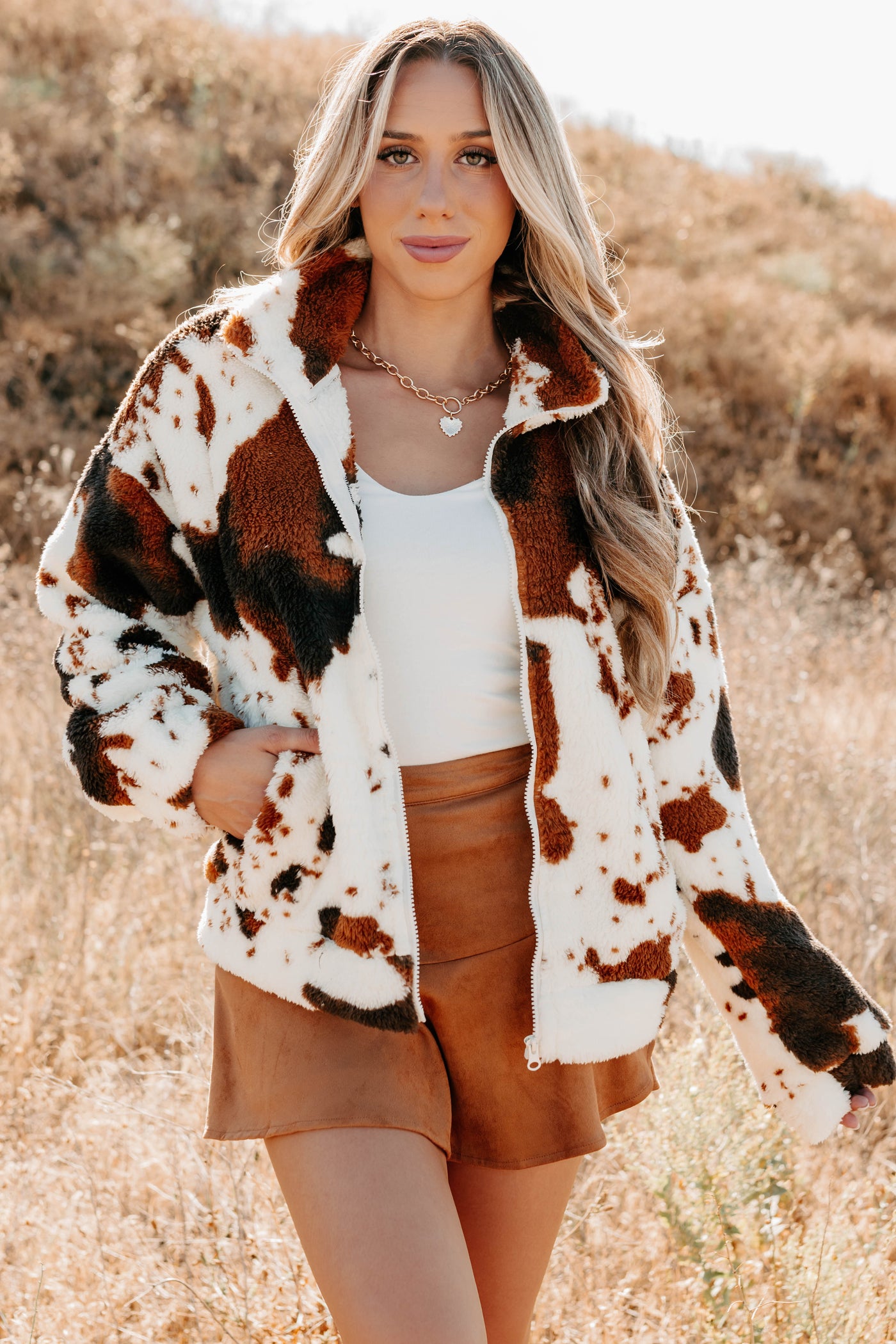 Cozying Up Cow Print Zip-Up Jacket (Brown/Multi) - NanaMacs