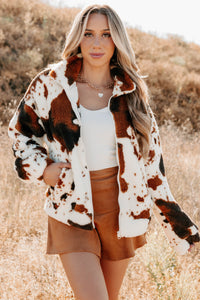 Cozying Up Cow Print Zip-Up Jacket (Brown/Multi) - NanaMacs