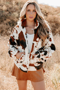 Cozying Up Cow Print Zip-Up Jacket (Brown/Multi) - NanaMacs