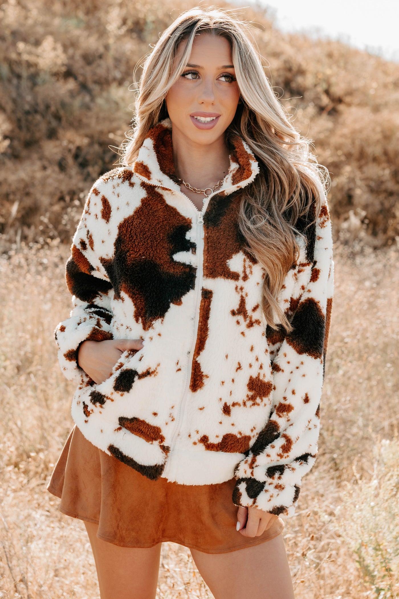 Cozying Up Cow Print Zip-Up Jacket (Brown/Multi) - NanaMacs