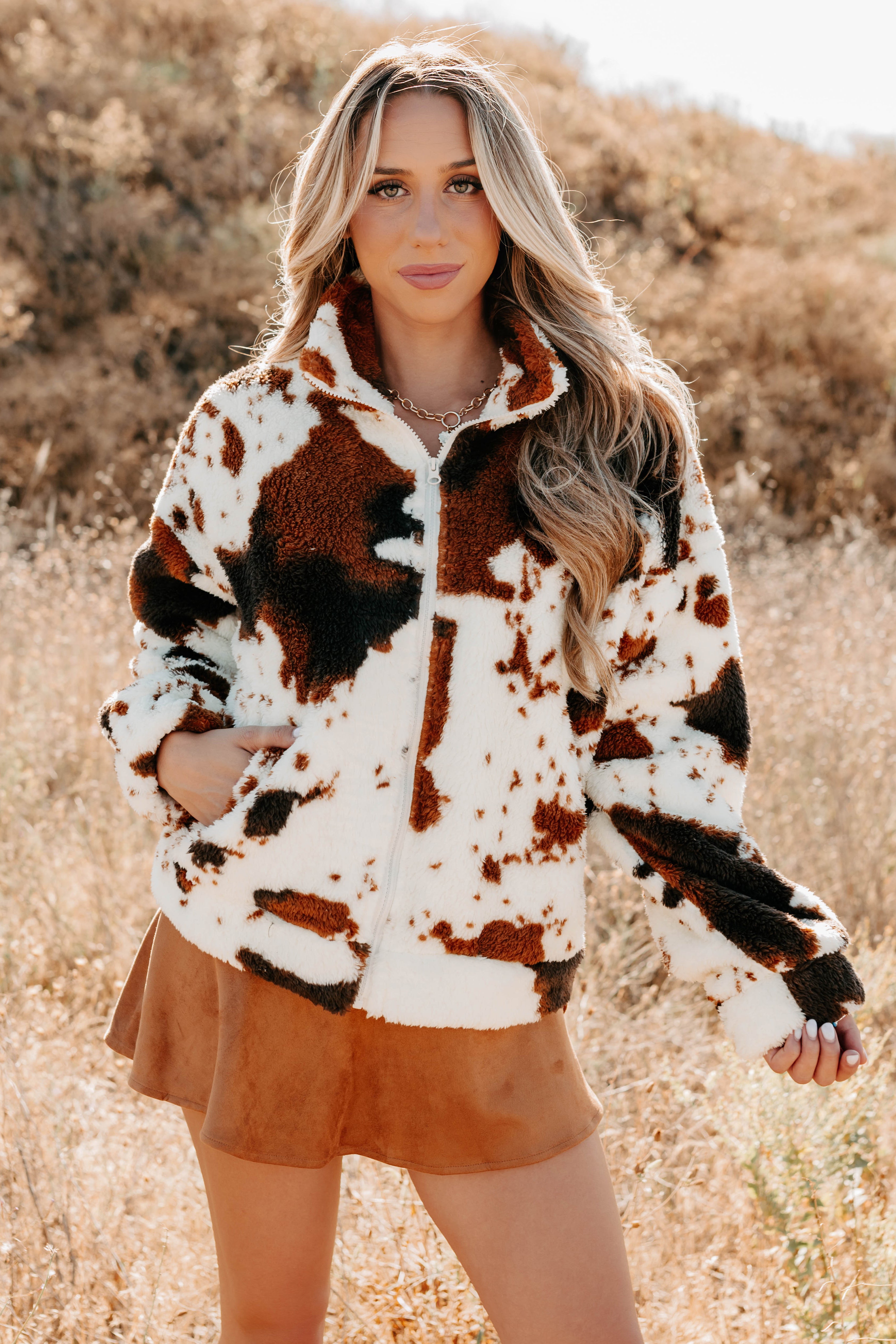 Cozying Up Cow Print Zip-Up Jacket (Brown/Multi) - NanaMacs