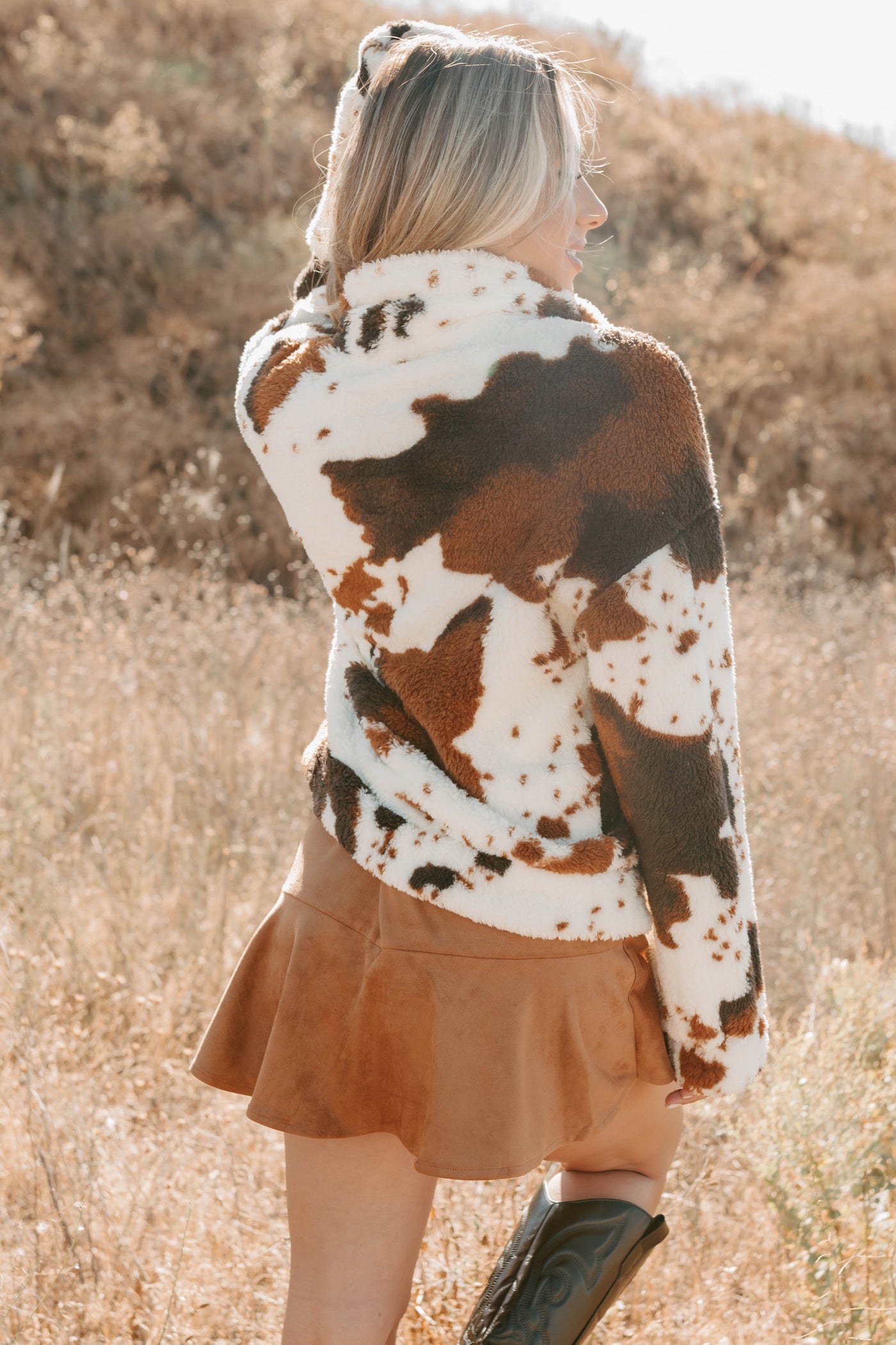 Cozying Up Cow Print Zip-Up Jacket (Brown/Multi) - NanaMacs