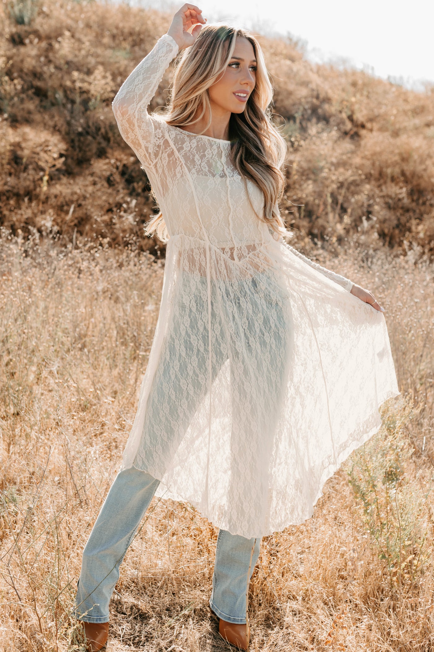 Spirit Dances Sheer Lace Midi Layering Dress (Ecru) - NanaMacs