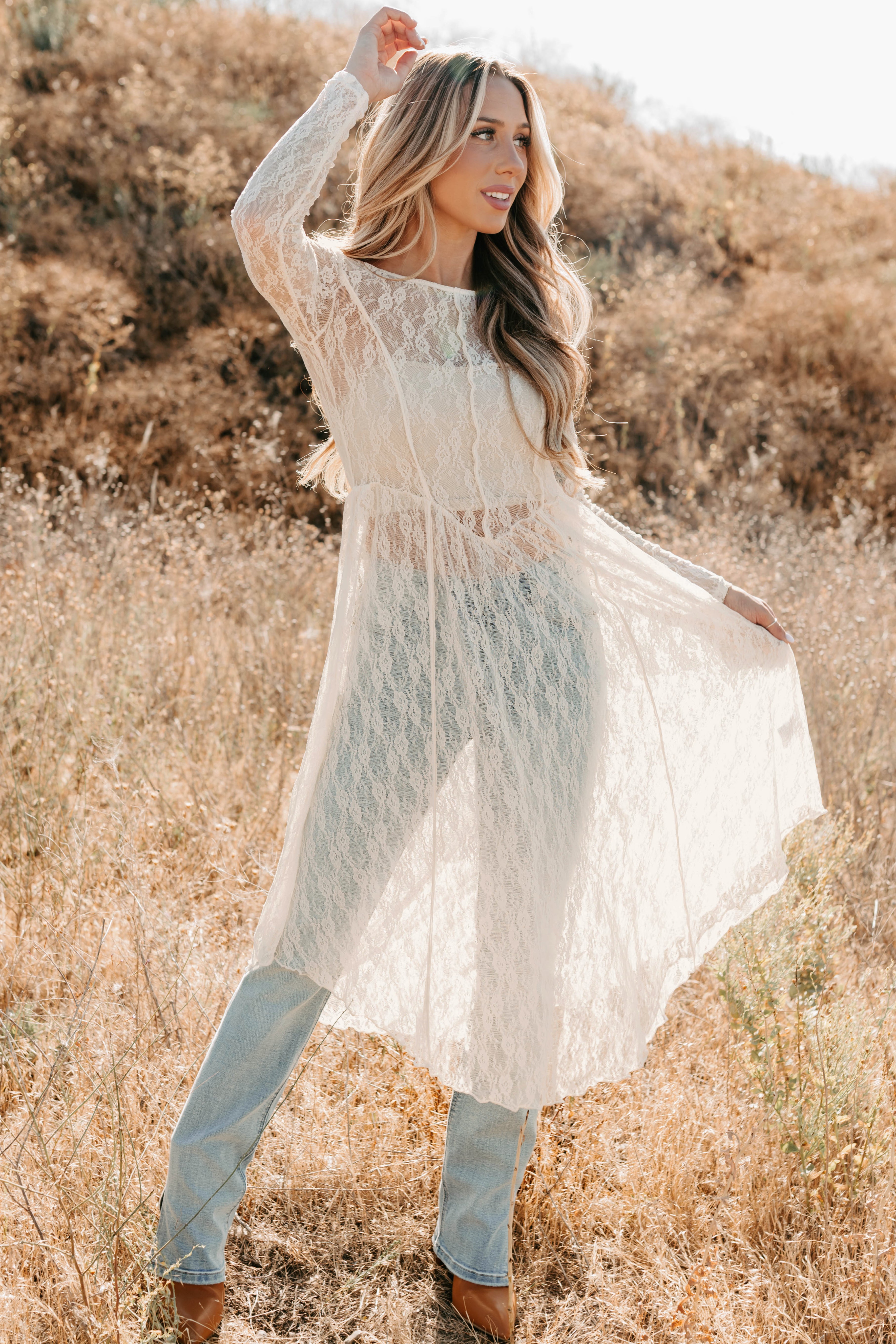 Spirit Dances Sheer Lace Midi Layering Dress (Ecru) - NanaMacs