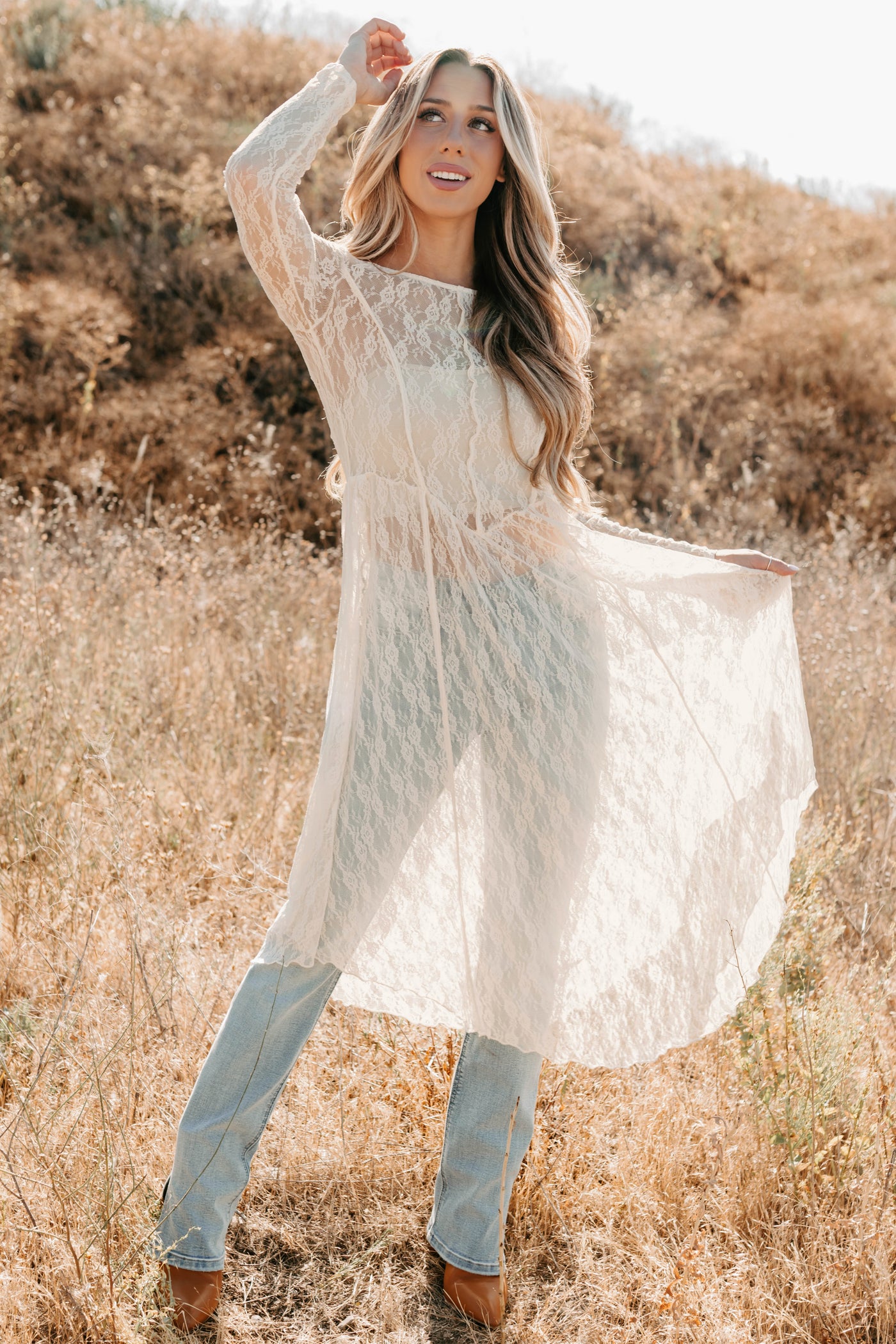 Spirit Dances Sheer Lace Midi Layering Dress (Ecru) - NanaMacs