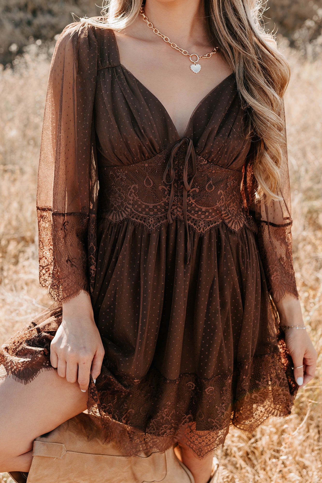 Ethereal Aura Dotted Mesh Mini Dress (Chocolate) · NanaMacs