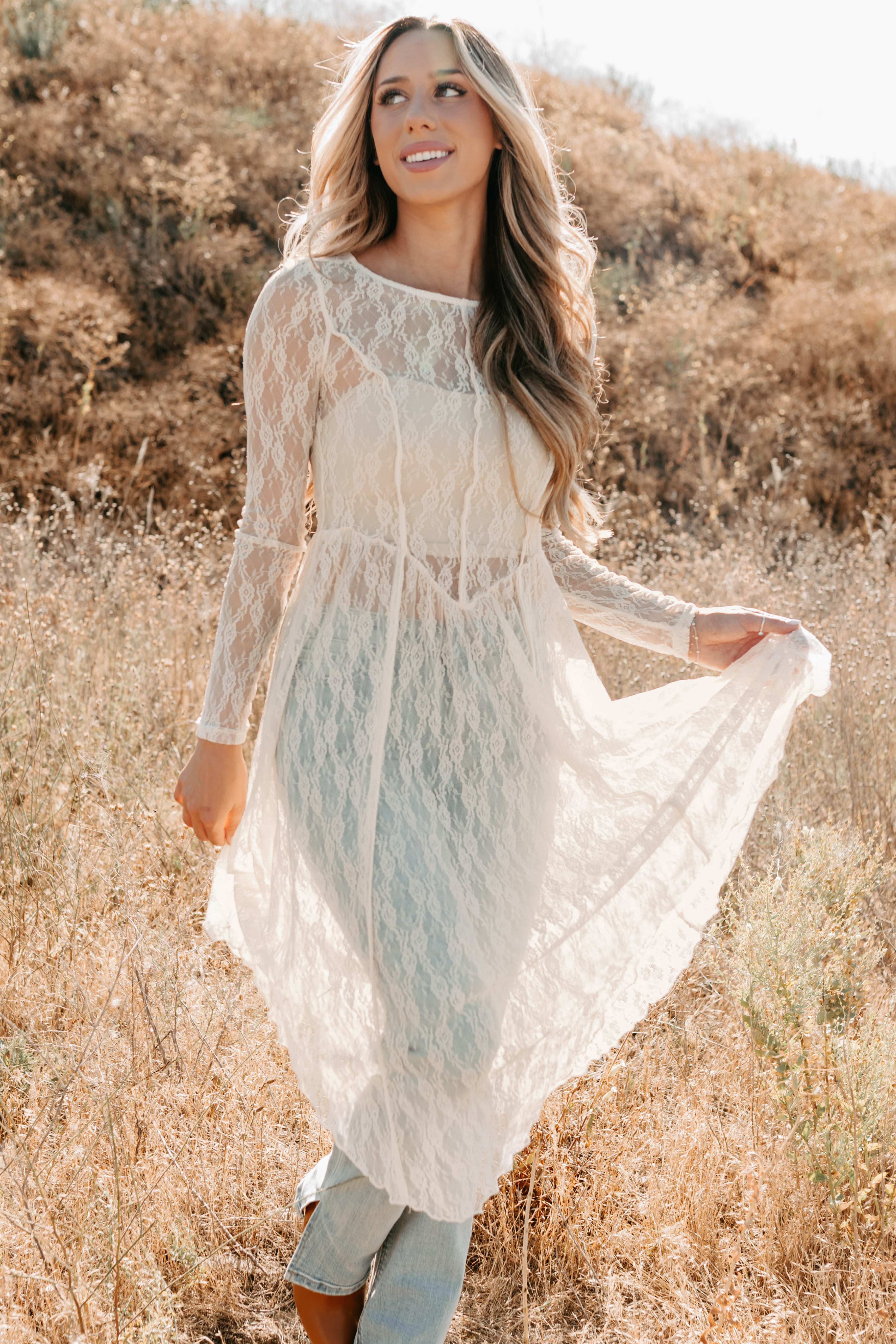 Spirit Dances Sheer Lace Midi Layering Dress (Ecru) - NanaMacs