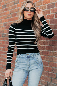 Blissful Rest Striped Mock Neck Sweater Top (Black/Cream) - NanaMacs