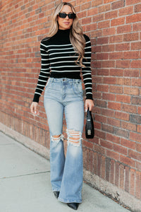 Blissful Rest Striped Mock Neck Sweater Top (Black/Cream) - NanaMacs