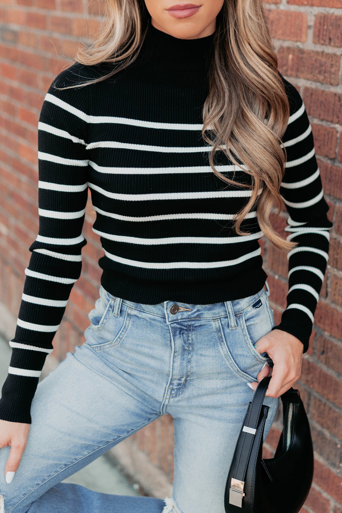 Blissful Rest Striped Mock Neck Sweater Top (Black/Cream) - NanaMacs