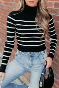 Blissful Rest Striped Mock Neck Sweater Top (Black/Cream) - NanaMacs