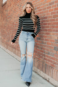 Blissful Rest Striped Mock Neck Sweater Top (Black/Cream) - NanaMacs