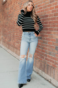 Blissful Rest Striped Mock Neck Sweater Top (Black/Cream) - NanaMacs