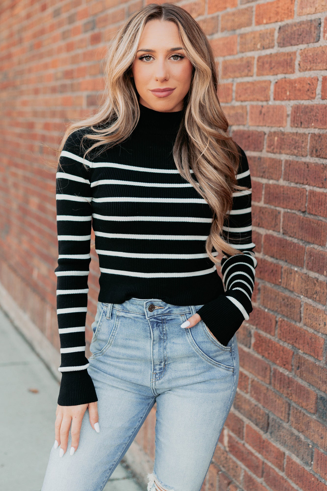 Blissful Rest Striped Mock Neck Sweater Top (Black/Cream) - NanaMacs
