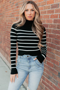 Blissful Rest Striped Mock Neck Sweater Top (Black/Cream) - NanaMacs