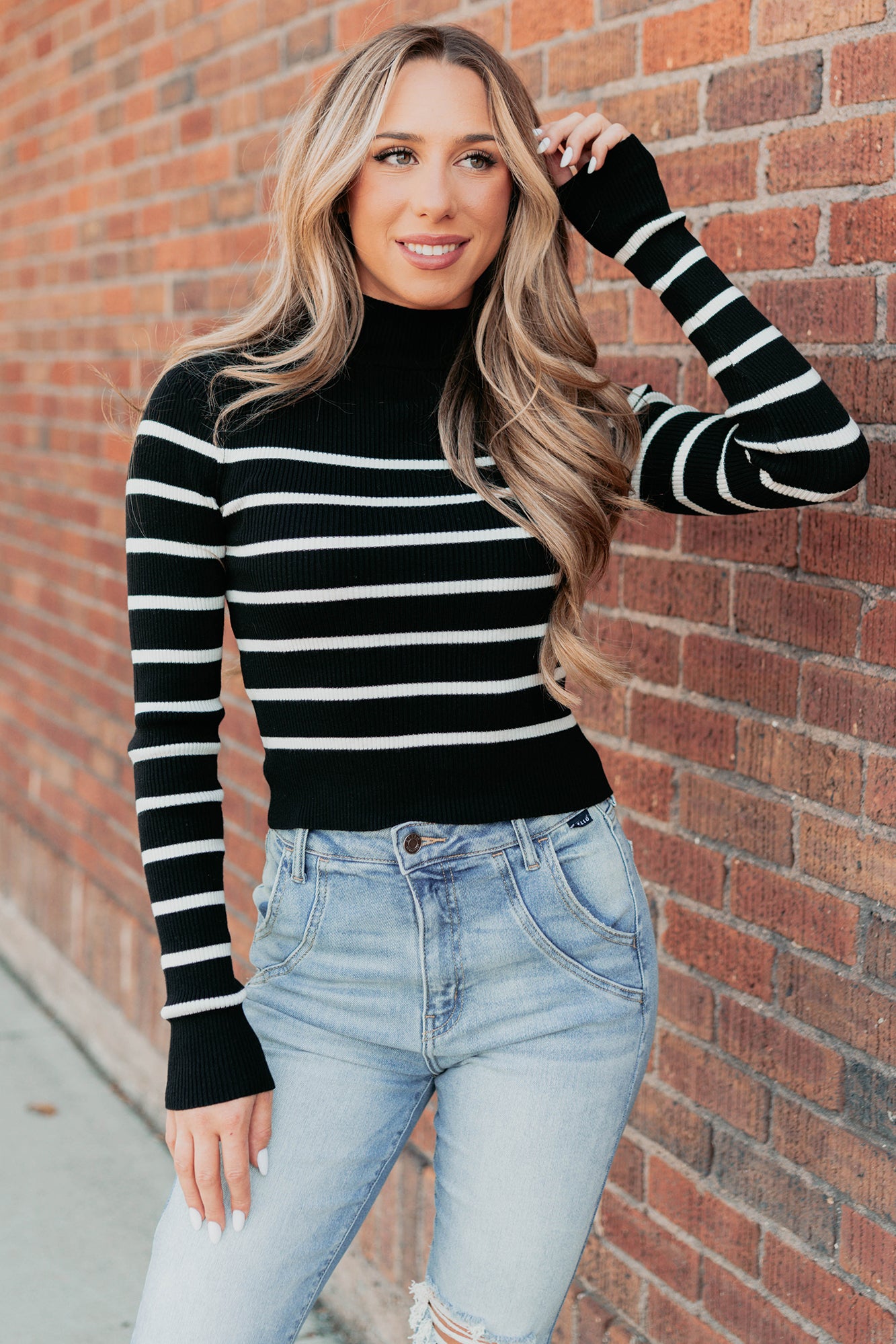 Blissful Rest Striped Mock Neck Sweater Top (Black/Cream) - NanaMacs