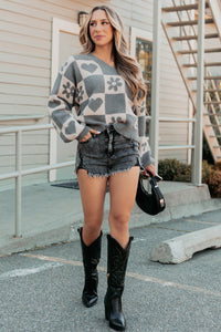 Dream Core Floral Checkered POL Sweater (Grey/Beige) - NanaMacs