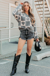 Dream Core Floral Checkered POL Sweater (Grey/Beige) - NanaMacs