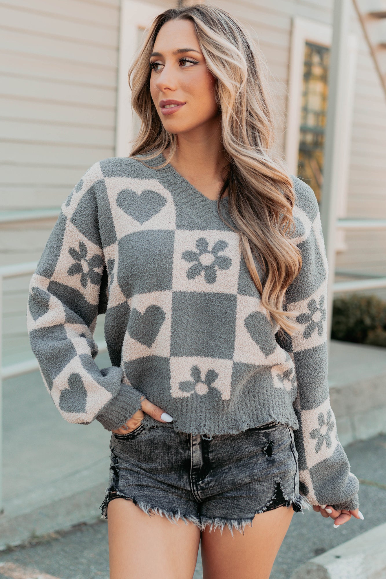 Dream Core Floral Checkered POL Sweater (Grey/Beige) - NanaMacs
