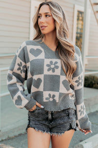 Dream Core Floral Checkered POL Sweater (Grey/Beige) - NanaMacs