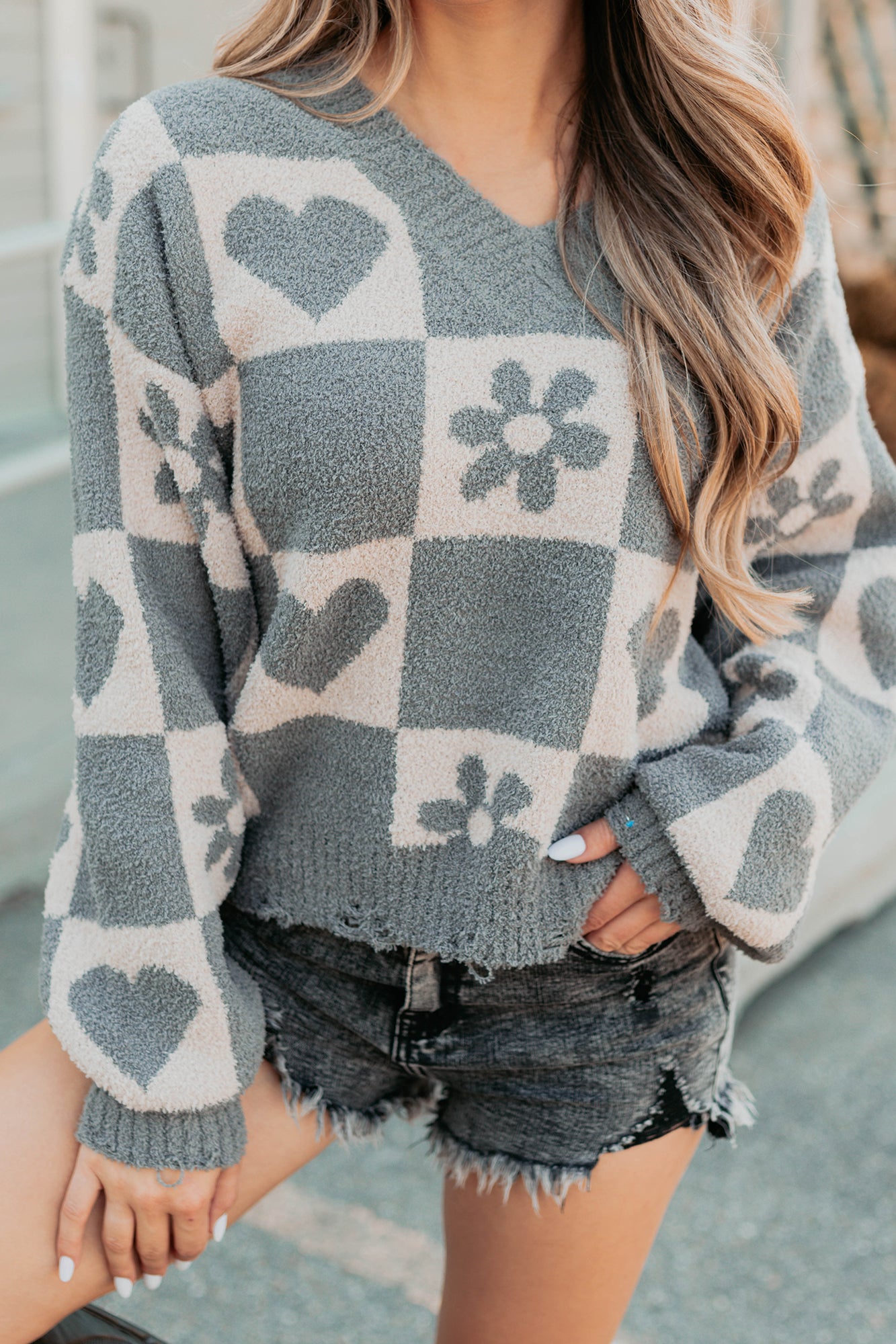 Dream Core Floral Checkered POL Sweater (Grey/Beige) - NanaMacs